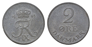 Дания 2 эре 1963 C; S, Фредерик IX (1947-1972) KM 840 цинк 188-658