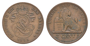 Бельгия 2 сантима 1875 Belges, Леопольд I (1865-1909) KM 35 медь 4615-811