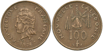 Французская Новая Каледония 100 франков 1976 хижина среди сосен и пальм, (IEOM) KM 15, Schoen 16, Lec 130 никель латунь 4137-532