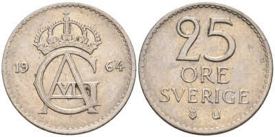 Швеция 25 эре 1964 Густав VI Адольф (1950-1973) KM 836 медно-никель 4580-262