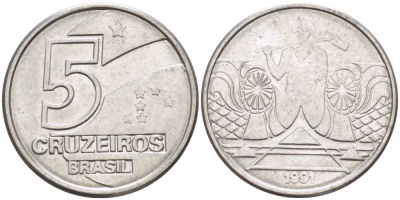 Бразилия 5 крузейро 1990 фермер KM 618.1 нержавеющая сталь 3856-215
