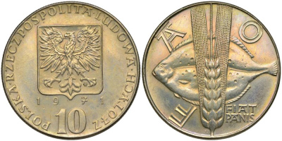 Польша 10 злотых 1971 FAO, продовольственная программа, рыбы KM 63 медно-никель UNC 55-214
