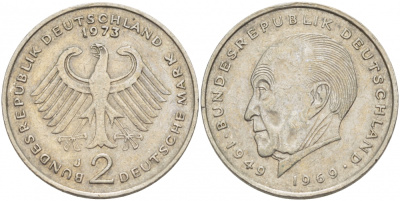 ФРГ 2 МАРКИ 1973 J, КОНРАД АДЕНАУЭР KM 124, J. 406 медно-никель плакированный никелем 3718-1056