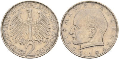 ФРГ 2 марки 1958 F, Макс Планк KM 116, J. 392 медно-никель плакированный никелем 4126-1257
