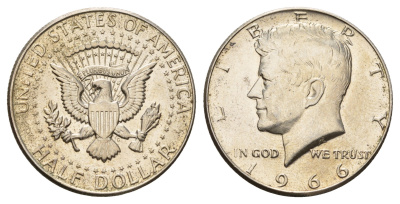 США 1/2 доллара (50 центов) 1966 Джон Кеннеди KM 202a серебро 4672-326