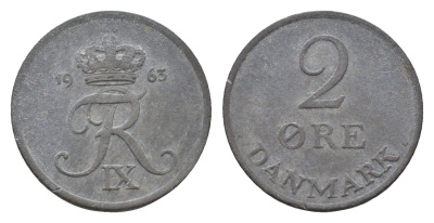 Дания 2 эре 1963 C; S, Фредерик IX (1947-1972) KM 840 цинк 188-658