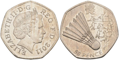 Великобритания 50 пенсов 2011 XXX летние Олимпийские игры в Лондоне, бадминтон KM 1174, Spink LO4 медно-никель 00-00