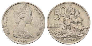 Новая Зеландия 50 центов 1967 Елизавета II (1952-2022), парусник Индевор KM 37.1 медно-никель 4672-316