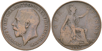Великобритания 1 пенни 1917 Георг V (1910-1936) KM 810, Spink 4051 бронза 3855-236