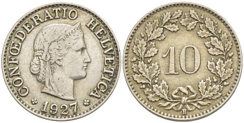 ШВЕЙЦАРИЯ 10 РАППЕНОВ 1927 В KM 27 медно-никель 216-1217