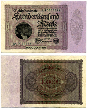 ГЕРМАНИЯ 100000 МАРОК 1923 1 ФЕВРАЛЯ 1923, ВЫПУСК (МАРТ 1923-5 ИЮЛЯ 1925), НОМЕР ВОСЬМИЗНАЧНЫЙ, СЕРИЯ А 10269258 Pick 83, Роземберг 82а бумага 2194-9-1-1