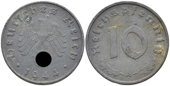 ГЕРМАНИЯ 10 РЕЙХСПФЕННИГОВ 1944 A KM 101, J. 371 цинк 4401-526