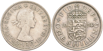 Великобритания 1 шиллинг 1954 Елизавета II (1952-2022), Английский герб KM 904, Spink 4147 медно-никель 4556-621