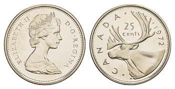 Канада 25 центов 1972 Елизавета II (1952-2022), олень KM 62b никель BU 4541-945