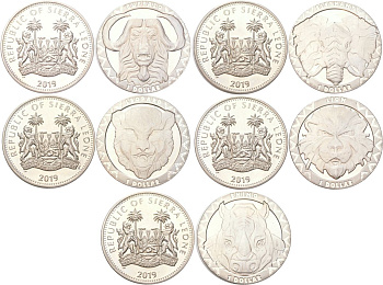 Сьерра-Леоне полный набор из 5 монет (1 доллар) 2019 Большая африканская пятерка (Африканские маски животных ) - Буйвол, Слон, Леопард, Лев, Носорог KM 462, 463, 464, 465, 466 и 467 медно-никель BU N3-32