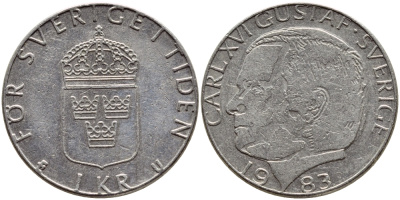 Швеция 1 крона 1983 Карл XVI Густав (1973- ) KM 852a медно-никель 4397-1113