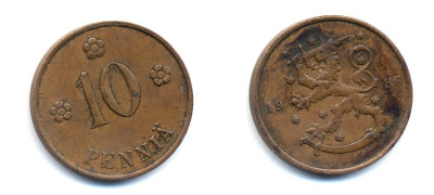 Финляндия 10 пенни 1936 республика (1918-1962) KM 24 медь 51-5517