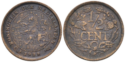Нидерланды 1/2 цента 1928 Вильгельмина (1890-1948) KM 138 бронза 4576-444