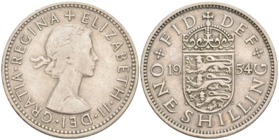 Великобритания 1 шиллинг 1954 Елизавета II (1952-2022), Английский герб KM 904, Spink 4147 медно-никель 4556-621