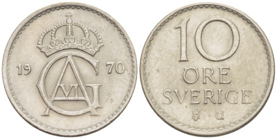 Швеция 10 эре 1970 U Густав VI Адольф (1950-1973) KM 835 медно-никель 3996-1028