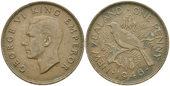 Новая Зеландия 1 пенни 1946 Птица Туи, Король Георг VI (1937 - 1952) KM 13 бронза 32-244