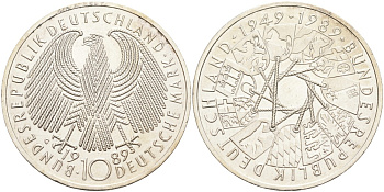 ФРГ 10 марок 1989 G, 40 лет Республике KM 173 серебро 4558-234