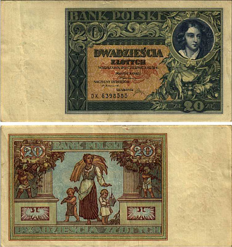 ПОЛЬША 20 ЗЛОТЫХ 1931 20 ИЮНЯ 1931, ПЛАТЕР Pick 73 бумага VF-XF 6352-10-1-1