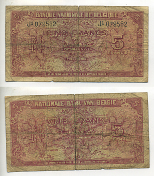 БЕЛЬГИЯ 5 ФРАНКОВ 1944 1 ФЕВРАЛЯ 1943, КОРОЛЬ В ИЗГНАНИИ Pick 121 бумага 6299-22-3