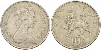 Великобритания 10 пенсов 1968 Елизавета II (1952-2022) KM 912, Spink 4231 (F1) медно-никель 4403-716