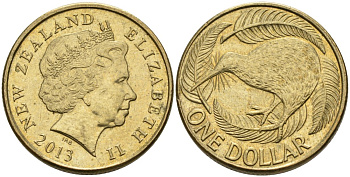 Новая Зеландия 1 доллар 2013 Елизавета II (1952-2022), птица киви  KM 120 алюминиевая бронза 61-1146