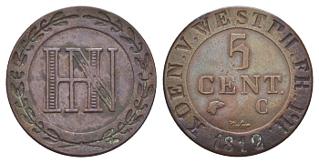 Вестфалия 5 сантимов 1812 C, Жером Бонапарт (1807-1813) Smith 298, KM 94, ASK 40 медь 633-1225