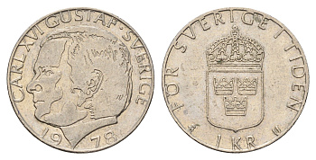 Швеция 1 крона 1978 Карл XVI Густав (1973- ) KM 852 медь плакированная медно-никелем 183-253