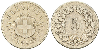 Швейцария 5 раппенов 1850 AB KM 5 серебро 4189-721