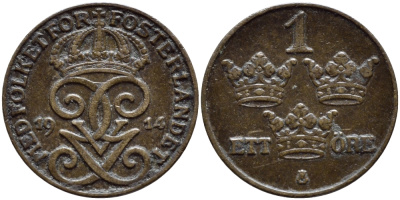 Швеция 1 эре 1914 закрытая 4, Густав V (1907-1950) KM 777.2 бронза 4396-159