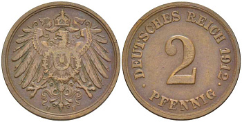 Германия 2 пфеннига 1912 F KM 16, J. 11, Weege 4 медь 206-626
