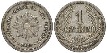 Уругвай 1 сентесимо 1909 KM 19 медно-никель 4169-623