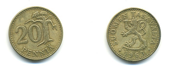 ФИНЛЯНДИЯ 20 ПЕННИ 1963 S KM 47 алюминиевая бронза 80-434