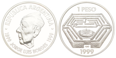 Аргентина 1 песо 1999 100 лет со дня рождения Хорхе Луиса Борхеса KM 127 серебро PROOF 00-903-07