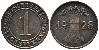 ГЕРМАНИЯ 1 РЕЙХСПФЕННИГ 1928 A KM 37, J. 313 бронза 39-963