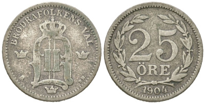 Швеция 25 эре 1904 EB, Оскар II (1872-1907) KM 739 серебро 44-347
