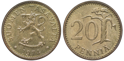 Финляндия 20 пенни 1974 S KM 47 алюминиевая бронза UNC 259-534