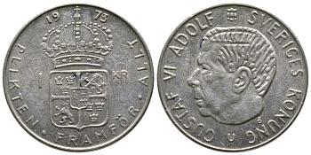 Швеция 1 крона 1973 Густав VI Адольф (1950-1973) KM 826а медь плакированная медно-никелем 91-215