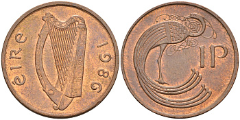 Ирландия 1 пенни 1986 мифологическая птица лира KM 20 бронза 4582-141