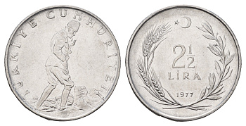 Турция 2 1/2 лиры 1977 KM 893.2 нержавеющая сталь 91-224