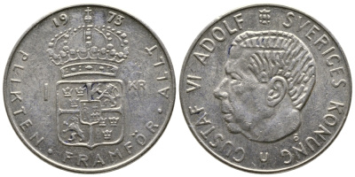Швеция 1 крона 1973 Густав VI Адольф (1950-1973) KM 826а медь плакированная медно-никелем 91-215