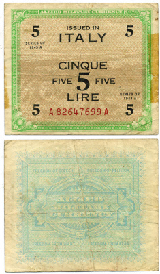 Италия 5 лир 1943 А-А, Pick М 18а бумага 3295-49-3-2