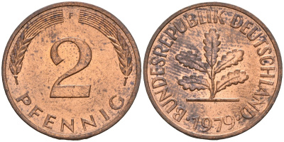 ФРГ 2 пфеннига 1979 F KM 106a, J.381 сталь плакированная медью 4115-264