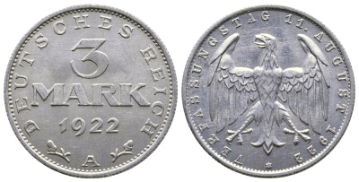 Германия 3 марки 1922 А, третья годовщина Веймарской Конституции KM 29, J. 303 алюминий 4380-733