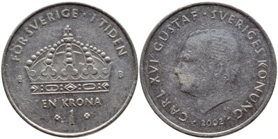 Швеция 1 крона 2002 Карл XVI Густав (1973- ) KM 894 медно-никель 4110-831