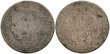 Франция 50 сантимов 1871 K, третья республика (1870-1941) KM 834.2, Le Franc 189.2 серебро 4154-1111